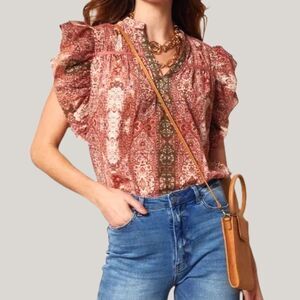 Good Hart Style Charm Ruffle Sleeve Medallion Print‎ Top – Small – Boho Luxe NWT